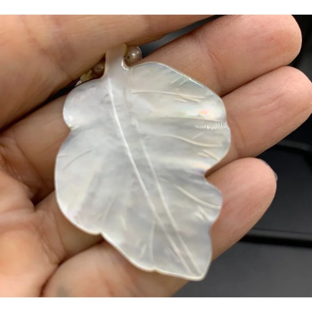 Vintage Artisan Mother of Pearl Leaf Necklace Beaded Toggle Clasp Retro